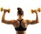 Woman training with fiery dumbbells