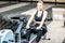 Woman training on the rowing machine