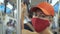 Woman travel caucasian ride at overground train airtrain with wearing protective medical mask. Girl tourist at airtrain