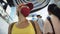 Woman travel caucasian visitor at a supermarket with wearing protective medical mask. Girl tourist customer a grocery