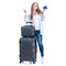 Woman with travel suitcase, passport standing smiling happiness