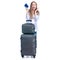 Woman with travel suitcase, passport standing smiling happiness