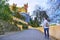 Woman traveler in famous Palace of Pena, Sintra, Lisboa