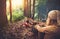 Woman traveler relaxing in forest and cooking food