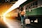 Woman traveler tourist walking with luggage at train station