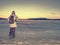 Woman traveler travels to offshore at beautiful glacial lagoon