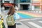 woman traveler visiting in Taiwan, Tourist sightseeing at rainbow crosswalk in ximending, Taipei City. landmark and popular