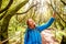 Woman traveling evergreen forest