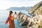 Woman traveling famous Cinque Terre towns in northwestern Italy