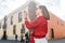 Woman traveling the old town in La Laguna city on Tenerife island