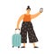 Woman traveling with suitcase and cell phone. Tourist using mobile app on smartphone during holiday trip. Colored flat