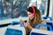 Woman traveling by the train using smartphone