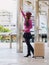 Woman traveller in airport walkway. Travel concept.