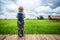 Woman traveller hiking Asian rice field landscape