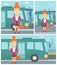 Woman travelling by bus vector illustration.