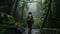 A woman trekker in the rain forest, in the rain, with difficulty