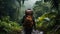 A woman trekker in the rain forest, in the rain, with difficulty