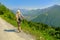 Woman trekking on Brambruesch in Switzerland