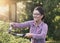 Woman trimming hedge in garden