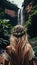 woman in the tropical jungle looking a waterfall, vacation concept, generative ai