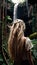 woman in the tropical jungle looking a waterfall, vacation concept, generative ai