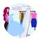 Woman trying on dress flat concept icon. Girl choosing clothes at mall, shop, clothing store sticker. Elegant lady in fitting room