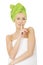 Woman with turban towel make hush gesture.