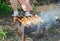 A woman turns the meat on skewers, which is cooked on the grill. A picnic in the summer