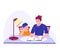 A woman tutor with a boy schoolboy studying at home. They do their homework. Vector education concept. Illustration in