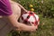 Woman with two hands wipes the soccer ball on the grass