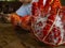 Woman with two king crabs Alaska frozen ready on wood table for cooking