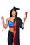 Woman in two occupations of fitness trainer and graduate.