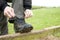 Woman tying boot laces