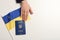 Woman with Ukrainian travel passport, flag and space for text on light background. International relationships