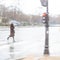 Woman with umbrella crossing street