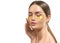 Woman with under eye collagen gold pads, beauty model girl face with healthy fresh skin. Skin care concept, anti-aging mask