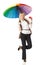 Woman under umbrella holding blank credit card