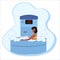 A woman undergoes a full body cryotherapy course in a cryosauna. illustration in cartoon flat style