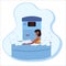 A woman undergoes a full body cryotherapy course in a cryosauna. Vector illustration in cartoon flat style