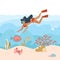 Woman underwater diver. Summer activity. Young girl in snorkeling mask is exploring deep sea life, Diving with tropical fishes and