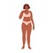 Woman in underwear with slightly fat body type. Chubby chunky female in bikini with little overweight. Happy confident