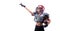 Woman in the uniform of an American football team player points with a finger to the empty space. Sports concept
