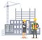 Woman in uniform engineer in helmet talking to man foreman on building construction background