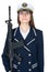 Woman in uniform sea captain with rifle