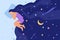 Woman universe in hair. Dream sleep with magic stars moon planets night sky mystical galaxy head, abstract astrology