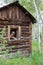 Woman urban explorer smiles through a broken window in an old log cabin in Miners Delight Wyoming