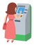 Woman using ATM machine. Vector illustration icone isolated white background.