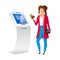 Woman using bank terminal flat color vector faceless character