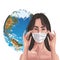 Woman using fase mask with earth planet ,covid19 protection