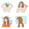 Woman using hair care products after shampooing step kawaii doodle flat cartoon vector